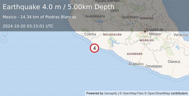 Earthquake OFFSHORE MICHOACAN, MEXICO (4.0 m) (2024-10-20 03:15:01 UTC)