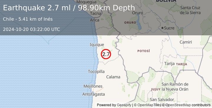 Earthquake TARAPACA, CHILE (2.7 ml) (2024-10-20 03:22:00 UTC)