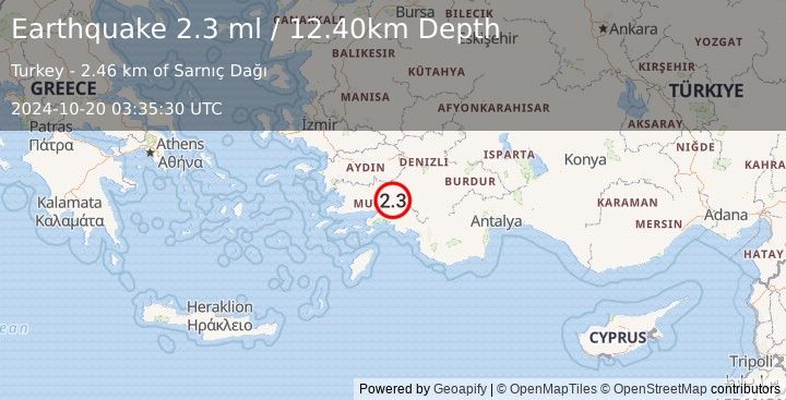 Earthquake WESTERN TURKEY (2.3 ml) (2024-10-20 03:35:30 UTC)