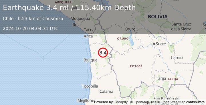 Earthquake TARAPACA, CHILE (3.4 ml) (2024-10-20 04:04:31 UTC)