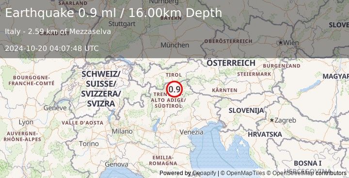 Earthquake NORTHERN ITALY (0.9 ml) (2024-10-20 04:07:48 UTC)