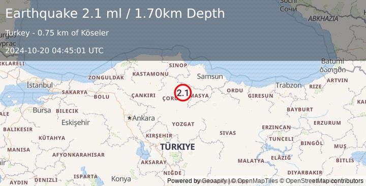 Earthquake CENTRAL TURKEY (2.1 ml) (2024-10-20 04:45:01 UTC)