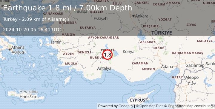 Earthquake WESTERN TURKEY (1.8 ml) (2024-10-20 05:16:41 UTC)