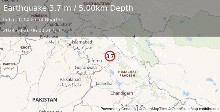 Earthquake EASTERN KASHMIR (3.7 m) (2024-10-20 06:00:28 UTC)