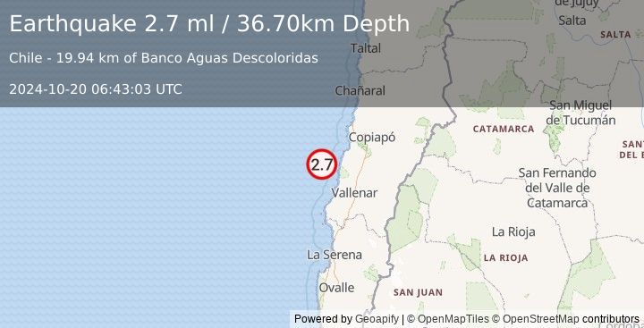 Earthquake OFFSHORE ATACAMA, CHILE (2.7 ml) (2024-10-20 06:43:03 UTC)