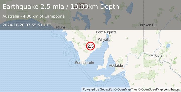 Earthquake NEAR COAST OF SOUTH AUSTRALIA (2.5 mla) (2024-10-20 07:55:51 UTC)