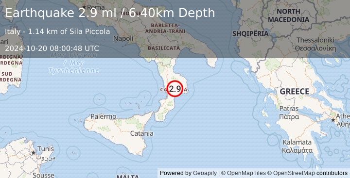 Earthquake SOUTHERN ITALY (2.9 ml) (2024-10-20 08:00:48 UTC)