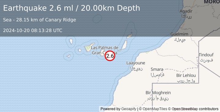 Earthquake CANARY ISLANDS, SPAIN REGION (2.6 ml) (2024-10-20 08:13:28 UTC)