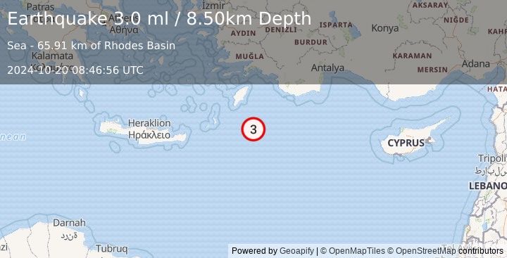 Earthquake EASTERN MEDITERRANEAN SEA (3.0 ml) (2024-10-20 08:46:56 UTC)