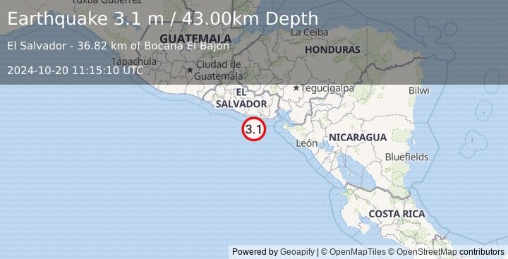 Earthquake OFFSHORE EL SALVADOR (3.1 m) (2024-10-20 11:15:10 UTC)