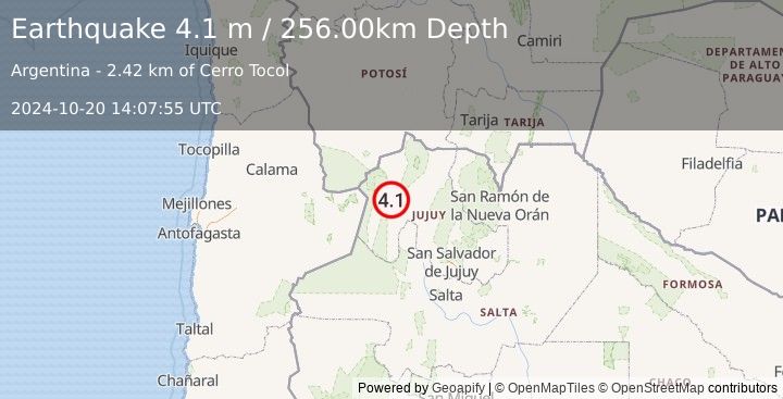 Earthquake JUJUY, ARGENTINA (4.1 m) (2024-10-20 14:07:55 UTC)