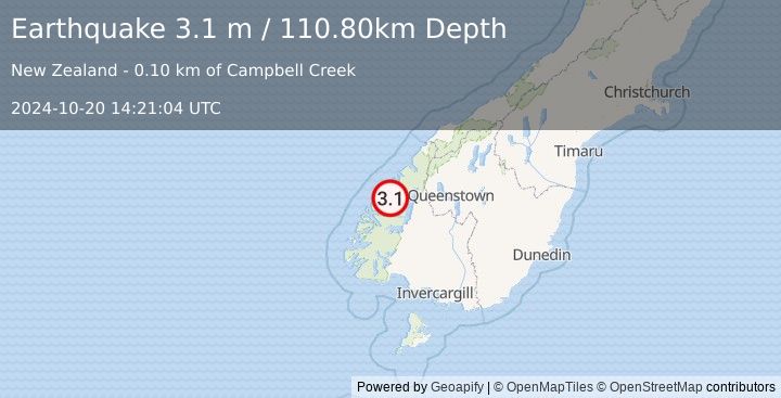 Earthquake SOUTH ISLAND OF NEW ZEALAND (3.1 m) (2024-10-20 14:21:04 UTC)