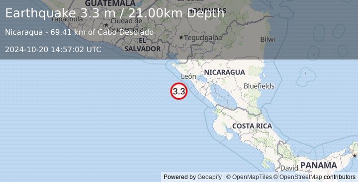 Earthquake NEAR COAST OF NICARAGUA (3.3 m) (2024-10-20 14:57:02 UTC)