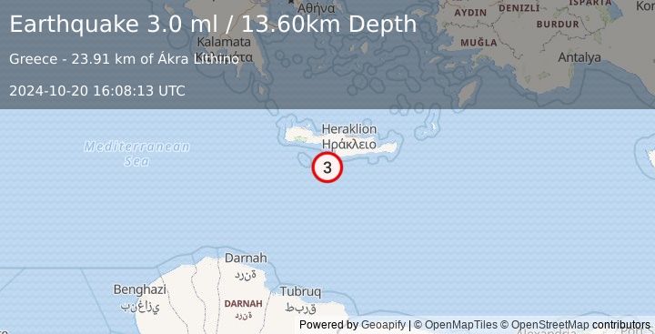 Earthquake CRETE, GREECE (3.0 ml) (2024-10-20 16:08:13 UTC)