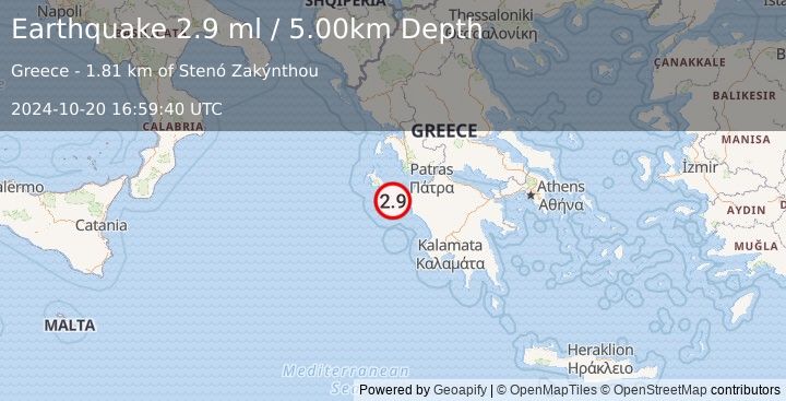 Earthquake IONIAN SEA (2.9 ml) (2024-10-20 16:59:40 UTC)