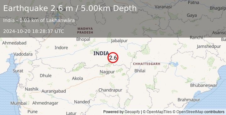 Earthquake MADHYA PRADESH, INDIA (2.6 m) (2024-10-20 18:28:37 UTC)