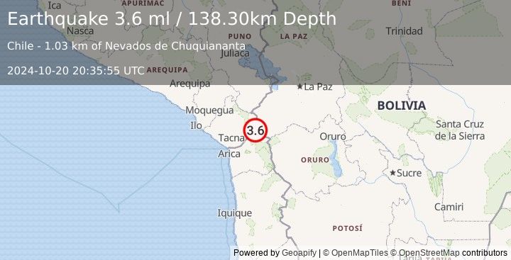 Earthquake TARAPACA, CHILE (3.6 ml) (2024-10-20 20:35:55 UTC)