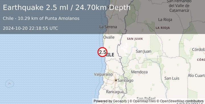 Earthquake OFFSHORE COQUIMBO, CHILE (2.5 ml) (2024-10-20 22:18:55 UTC)