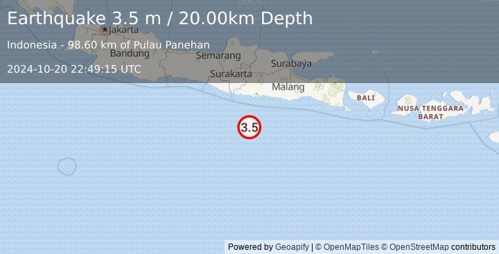 Earthquake SOUTH OF JAVA, INDONESIA (3.5 m) (2024-10-20 22:49:15 UTC)