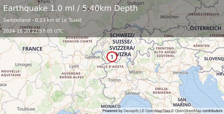 Earthquake SWITZERLAND (1.0 ml) (2024-10-20 22:57:05 UTC)