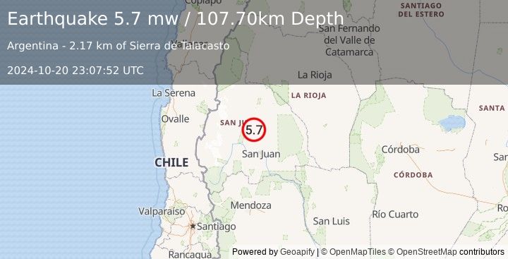 Earthquake SAN JUAN, ARGENTINA (5.7 mw) (2024-10-20 23:07:52 UTC)