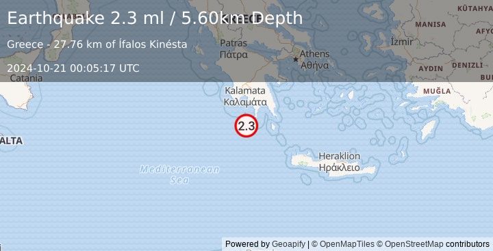 Earthquake SOUTHERN GREECE (2.3 ml) (2024-10-21 00:05:17 UTC)