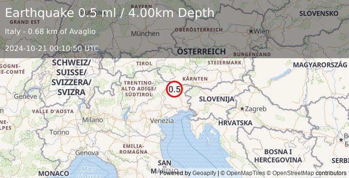 Earthquake NORTHERN ITALY (0.5 ml) (2024-10-21 00:10:50 UTC)