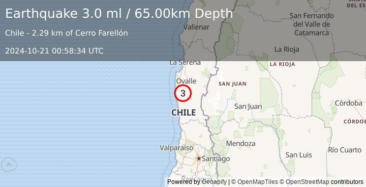 Earthquake COQUIMBO, CHILE (3.0 ml) (2024-10-21 00:58:34 UTC)