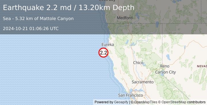 Earthquake OFFSHORE NORTHERN CALIFORNIA (2.2 md) (2024-10-21 01:06:26 UTC)