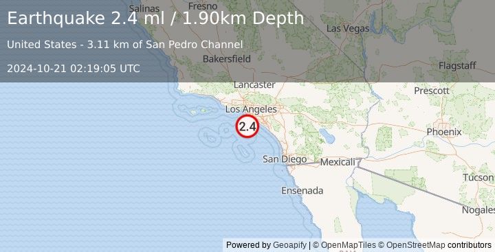 Earthquake SAN PEDRO CHANNEL, CALIFORNIA (2.4 ml) (2024-10-21 02:19:05 UTC)