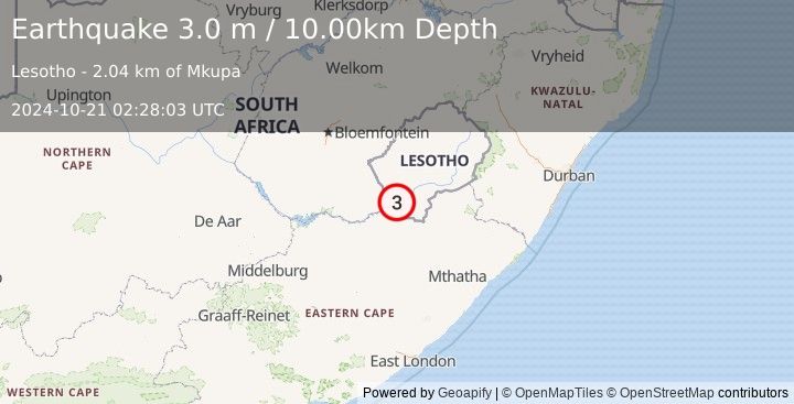 Earthquake LESOTHO (3.0 m) (2024-10-21 02:28:03 UTC)