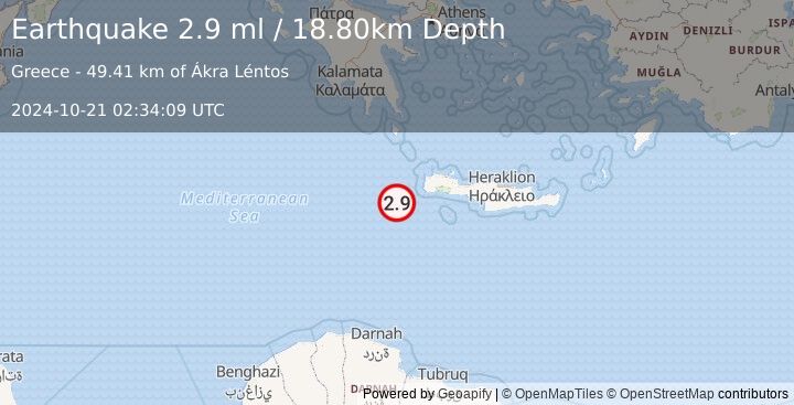 Earthquake CRETE, GREECE (2.9 ml) (2024-10-21 02:34:09 UTC)