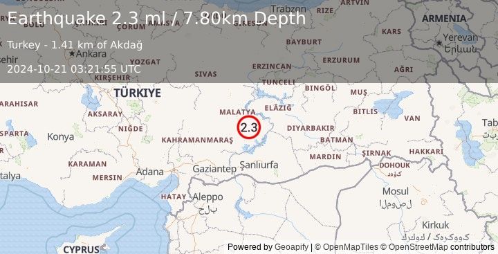 Earthquake EASTERN TURKEY (2.3 ml) (2024-10-21 03:21:55 UTC)