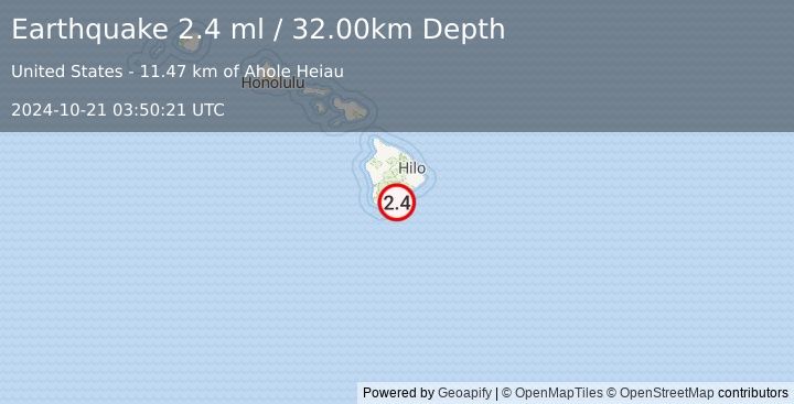 Earthquake ISLAND OF HAWAII, HAWAII (2.4 ml) (2024-10-21 03:50:21 UTC)