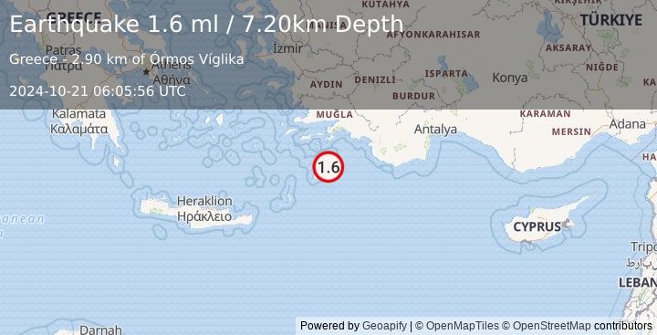 Earthquake DODECANESE IS.-TURKEY BORDER REG (1.6 ml) (2024-10-21 06:05:56 UTC)