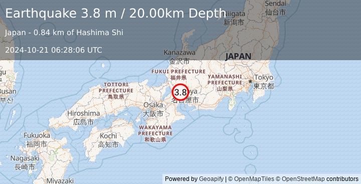 Earthquake WESTERN HONSHU, JAPAN (3.8 m) (2024-10-21 06:28:06 UTC)