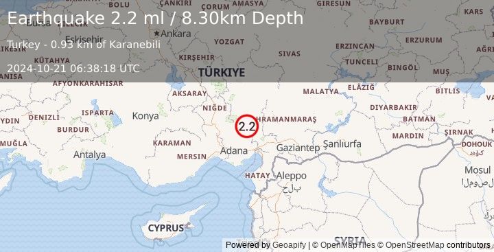 Earthquake CENTRAL TURKEY (2.2 ml) (2024-10-21 06:38:18 UTC)