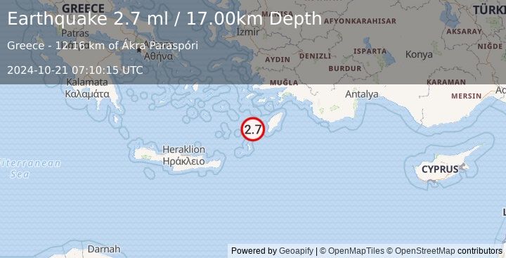 Earthquake DODECANESE IS.-TURKEY BORDER REG (2.7 ml) (2024-10-21 07:10:15 UTC)