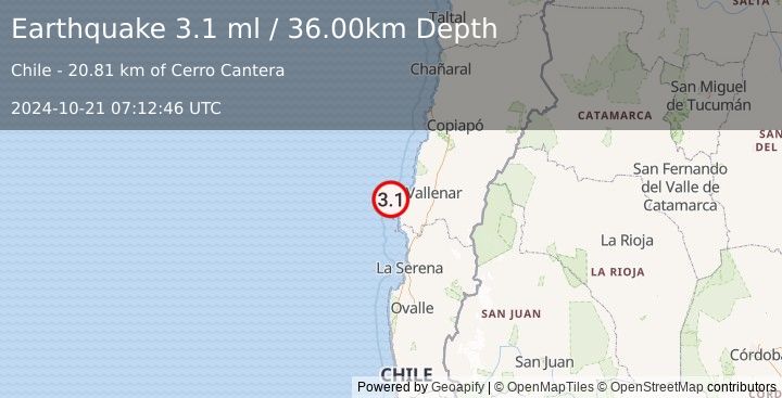 Earthquake OFFSHORE ATACAMA, CHILE (3.1 ml) (2024-10-21 07:12:46 UTC)