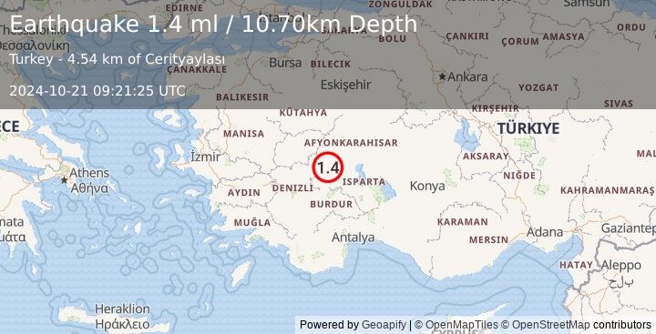 Earthquake WESTERN TURKEY (1.4 ml) (2024-10-21 09:21:25 UTC)