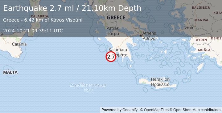 Earthquake SOUTHERN GREECE (2.7 ml) (2024-10-21 09:39:11 UTC)