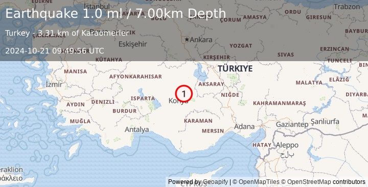 Earthquake CENTRAL TURKEY (1.0 ml) (2024-10-21 09:49:56 UTC)