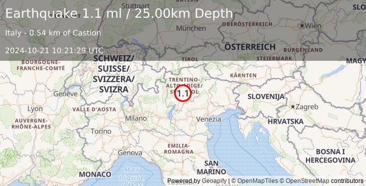 Earthquake NORTHERN ITALY (1.1 ml) (2024-10-21 10:21:29 UTC)