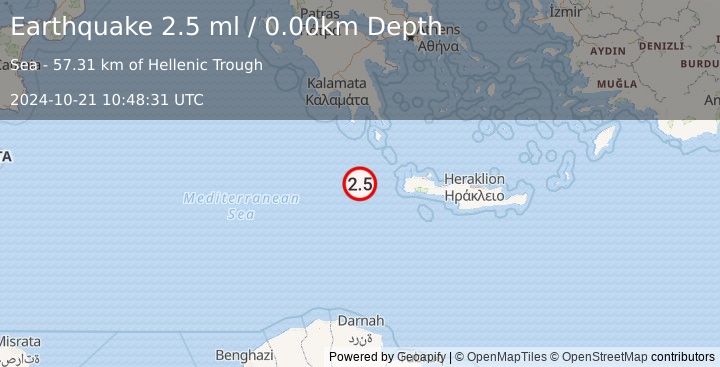 Earthquake CENTRAL MEDITERRANEAN SEA (2.5 ml) (2024-10-21 10:48:31 UTC)