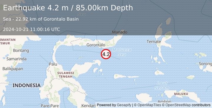 Earthquake SULAWESI, INDONESIA (4.2 m) (2024-10-21 11:00:16 UTC)