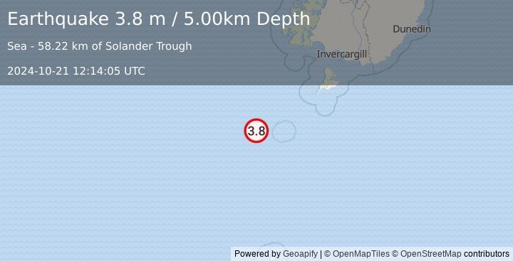 Earthquake OFF W. COAST OF S. ISLAND, N.Z. (3.8 m) (2024-10-21 12:14:05 UTC)