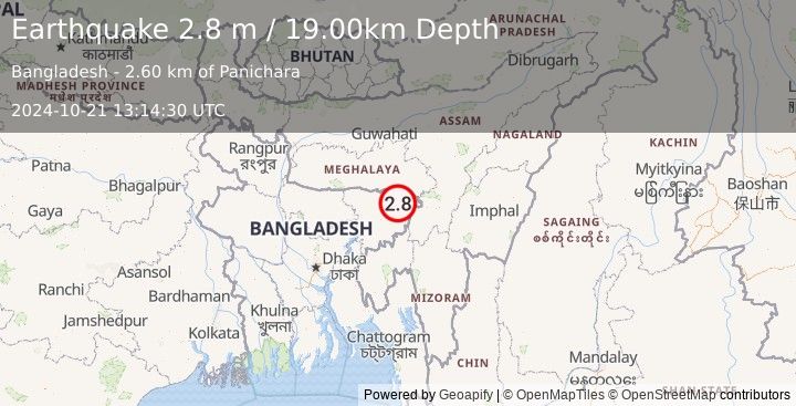 Earthquake INDIA-BANGLADESH BORDER REGION (2.8 m) (2024-10-21 13:14:30 UTC)