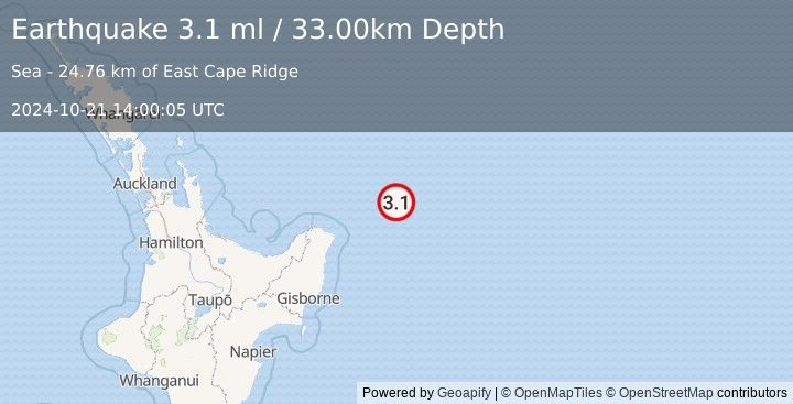 Earthquake OFF E. COAST OF N. ISLAND, N.Z. (3.1 ml) (2024-10-21 14:00:05 UTC)