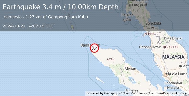 Earthquake NORTHERN SUMATRA, INDONESIA (3.4 m) (2024-10-21 14:07:15 UTC)