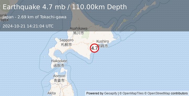 Earthquake HOKKAIDO, JAPAN REGION (4.7 mb) (2024-10-21 14:21:04 UTC)